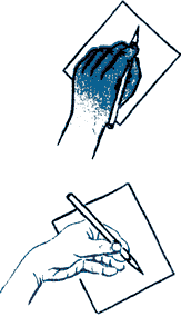 Рис. 17. а) Положение руки при письме в зависимости от функции двух полушарий для левши (а) и для правши (б) На верхних рисунках доминантное полушарие совпадает с полушарием, управляющим рукой, на нижних — не совпадает (инвертированное положение руки)